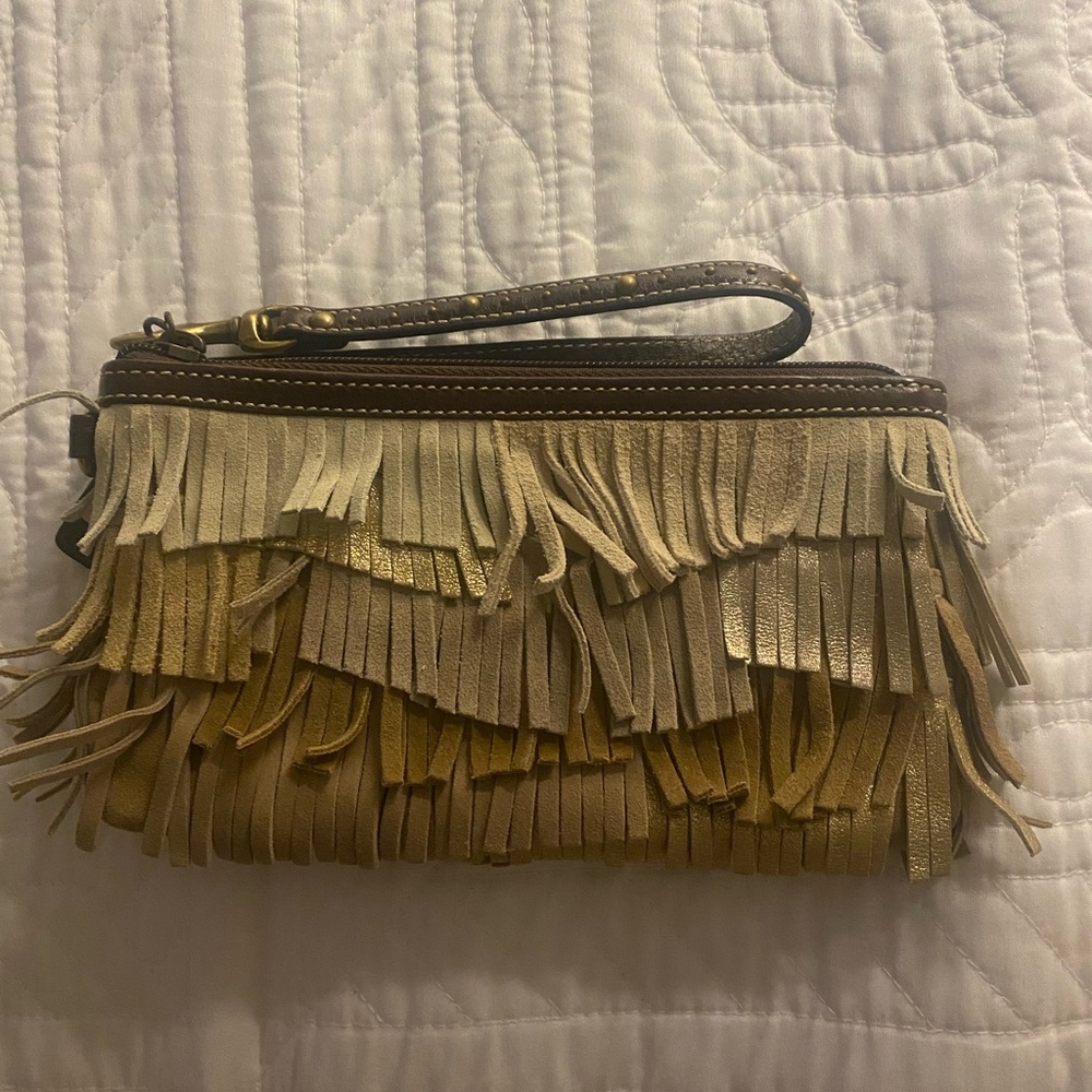 Coach Fringe Leather Clutch in Gold and Tan